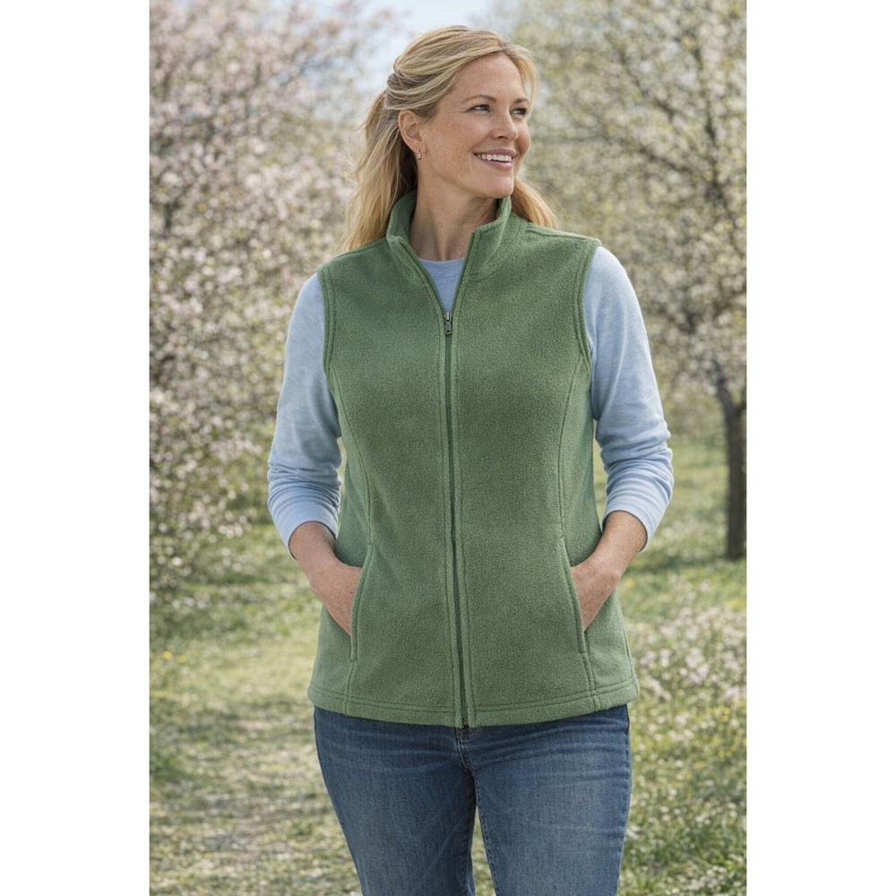 LL Bean Polartec Fleece Vest Womens Medium Green Full Zip Mock Neck OHKS2